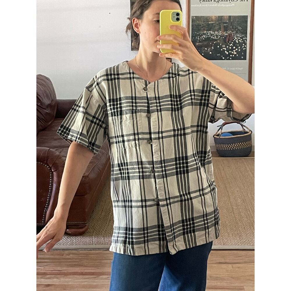 Vintage Cotton Plaid Short Sleeve Button Down Top Size Medium